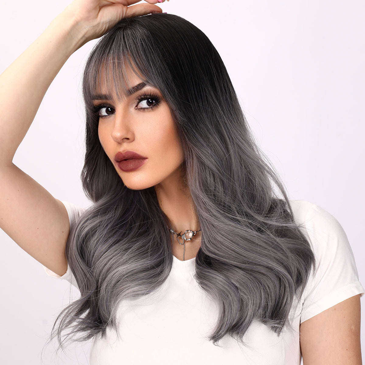 Charcoal Smoke 22 inch Ombre Grey Loose Wave with Bangs